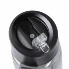 Close-up of a black water bottle lid with a clear flip-top spout.