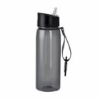 Gray water bottle with a black lid, drinking straw, and carrying strap against white background.