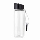Clear water bottle with a black lid and a carrying strap on a white background.