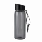 A gray water bottle with a black lid and carrying strap, standing upright on a white background.