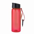 Red reusable water bottle with a black lid and carrying strap, on a white background.