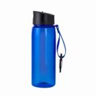 A blue water bottle with a black lid and a blue carrying strap.