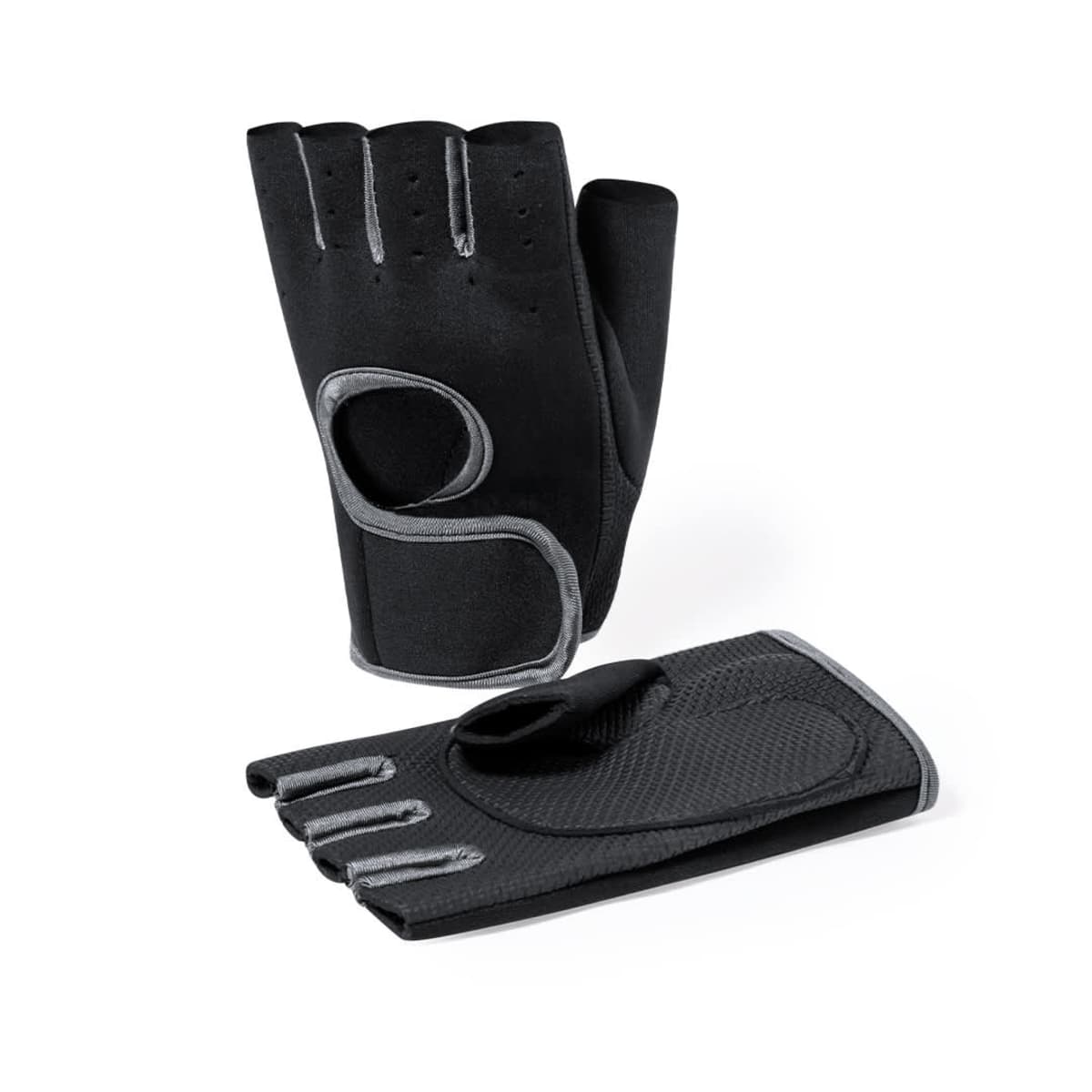 A pair of black fingerless gloves with gray trim. One glove is propped upright, displaying its open back with a Velcro strap, while the other is laid flat, showing its textured palm surface.