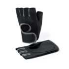 A pair of black and gray fingerless workout gloves. One glove is placed upright showing the back side, while the other is laid flat displaying the palm side. The gloves have a padded design and slightly textured surfaces.