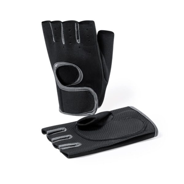 A pair of black and gray fingerless workout gloves. One glove is placed upright showing the back side, while the other is laid flat displaying the palm side. The gloves have a padded design and slightly textured surfaces.