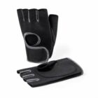 A pair of black fingerless gloves with gray trim. One glove is upright showing a circular cut-out and mesh detail, while the other is lying flat, displaying the textured palm.