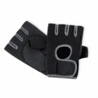 A pair of black fingerless workout gloves with gray trim. They feature padded palms and are designed for activities like weightlifting or cycling. The gloves are placed on a white background.