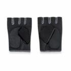 A pair of black fingerless gloves with padded palms and gray stitching, laid flat on a white background. The gloves have Velcro straps on the back for adjustment.