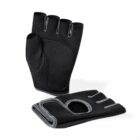 A pair of black fingerless gloves with grey trim. One glove is standing upright showing the palm side, while the other is lying flat displaying the back side and an open circular cutout for ventilation.