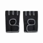 A pair of black workout fingerless gloves with gray trim and wrist openings. Each glove has multiple finger slots and circular cutouts on the palms for comfort and grip. They are laid flat against a white background.