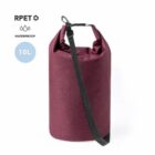 A maroon 10L waterproof bag with a black adjustable shoulder strap and roll-top closure. The RPET logo indicates its made from recycled materials. Its designed for outdoor activities, with a simple and functional appearance.