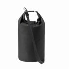 A black, cylindrical dry bag with a roll-top closure and an adjustable shoulder strap, isolated on a white background.