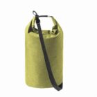 A green cylindrical duffel bag with a single black shoulder strap and a roll-top closure.