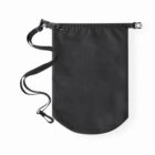 A black drawstring bag with an adjustable strap and clip. The bag is shaped like a cylinder, with a curved bottom and a top closure. The material appears to be durable, suitable for carrying small items or accessories.