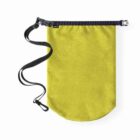 A yellow, waterproof roll-top pouch with a black adjustable strap and buckle. The pouch has a rounded bottom and an overall sleek, minimalist design.