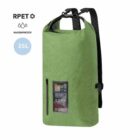 Green waterproof backpack made from RPET material with a 25L capacity. It features black straps and a clear front pocket showing the screen of a smartphone.