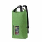 A green waterproof backpack with black straps and a transparent front pocket, displaying a smartphone inside. The design is simple and functional, suitable for outdoor activities.