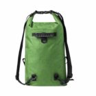 A green roll-top backpack with black adjustable shoulder straps and buckle closures, designed for outdoor use.
