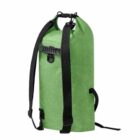 A green waterproof dry bag with black adjustable shoulder straps and a roll-top closure, designed for outdoor activities like kayaking or hiking.