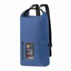 A blue waterproof backpack with black straps, featuring a transparent front pocket holding a smartphone. The backpack has a roll-top closure system for added protection.
