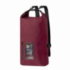 A maroon waterproof backpack with black straps is displayed. It features a transparent phone pocket on the front, showing a phone inside. A vertical zipper is visible next to the phone pocket.