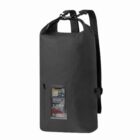 A black dry bag backpack with adjustable straps and roll-top closure, featuring a smartphone visible through a transparent front pocket.