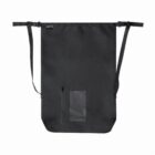 A black rectangular backpack with adjustable shoulder straps, a zipper pocket on the front, and a transparent window. It has a minimalist design suitable for daily use.