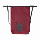 Red fabric storage bag with black adjustable straps. Features a vertical black zipper pocket and a transparent rectangular window on the front.