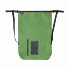 A green waterproof dry bag with black trim and straps, featuring a front zippered pocket and a transparent rectangular window.