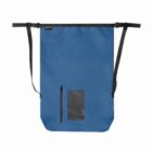 A blue dry bag with black adjustable straps and a vertical zip pocket on the lower left. The bag features a transparent rectangle window near the bottom center.