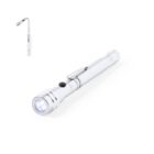 Silver telescopic flashlight with a black button and clip. The main image shows the flashlight extended diagonally across a white background, while an inset image displays the flashlight bent at the neck.