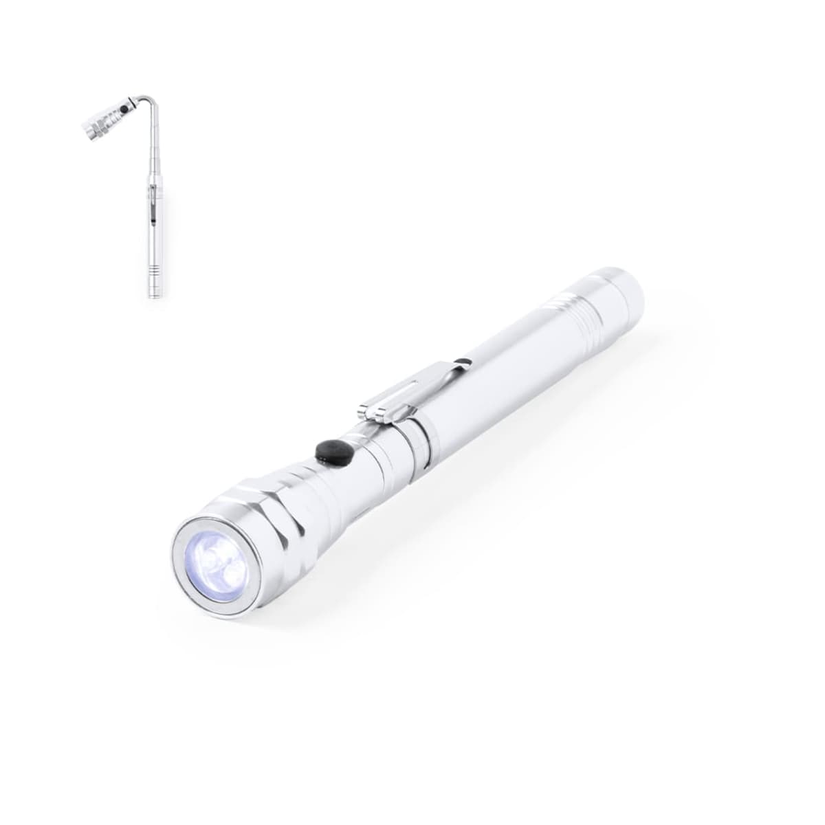 Silver telescopic flashlight with a black button and clip. The main image shows the flashlight extended diagonally across a white background, while an inset image displays the flashlight bent at the neck.