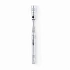 Silver extendable magnetic pick-up tool with a pen-like design. It features a telescoping handle and a small, round magnet at the top, designed for retrieving metal items.
