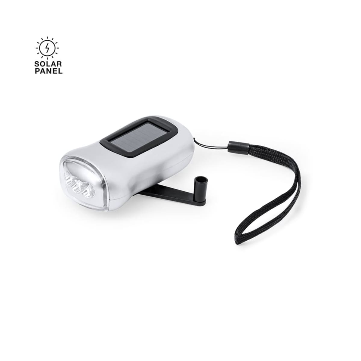 Compact solar-powered flashlight with a silver body, featuring a solar panel on top, a hand crank on the side, and a black wrist strap. The flashlight has three LED bulbs and is labeled with a solar panel icon.