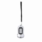 A small, silver pedometer with a black screen and a long black strap attached, displayed against a plain white background.