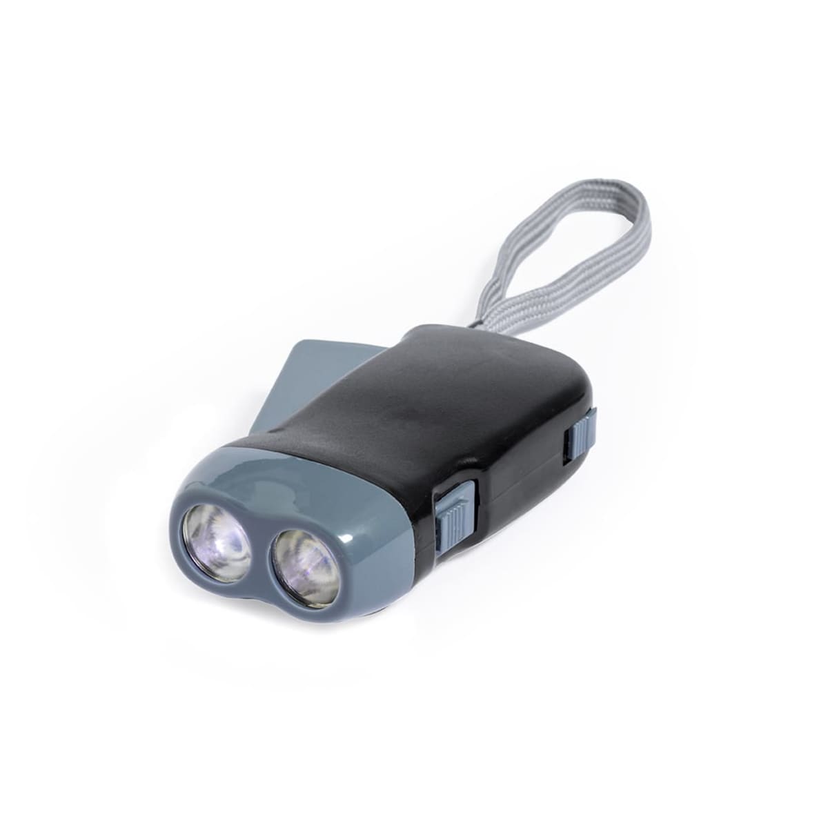 A hand-crank flashlight with dual LED bulbs and a black and gray casing, featuring a strap for easy carrying.