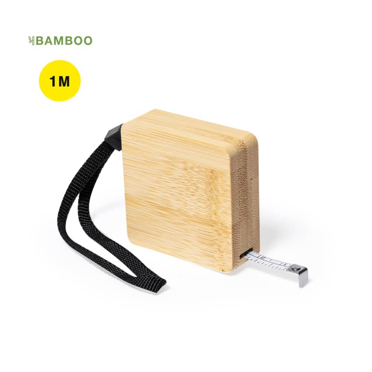 A bamboo-clad tape measure with a black wrist strap, featuring a small segment of metal tape extended. The tape length is marked as 1 meter.