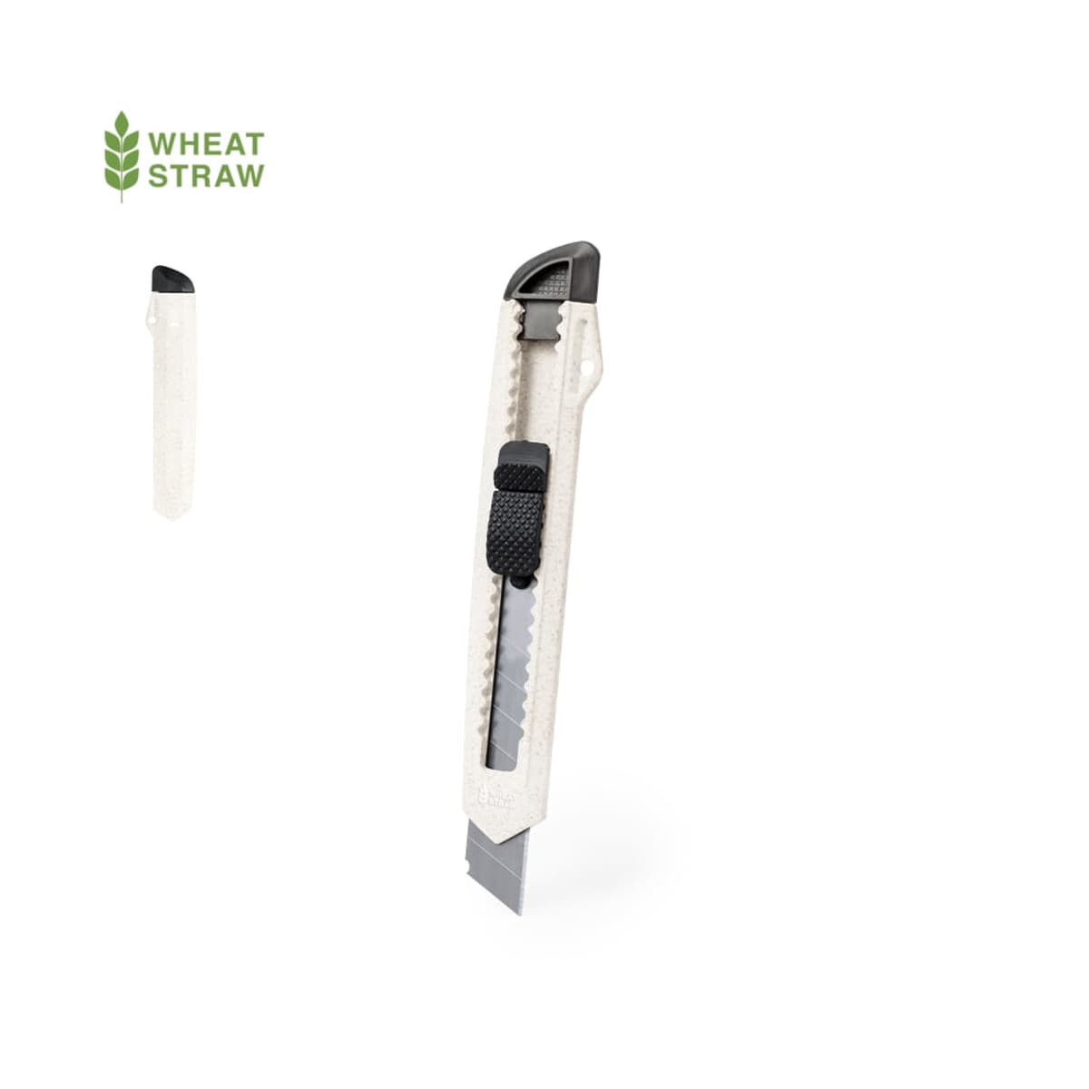 A white utility knife made from wheat straw with a black grip and retractable blade is displayed against a white background. There’s a smaller image of the knife in the upper left corner with a Wheat Straw label next to it.