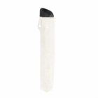 A white travel mug with a black lid. The mug has a sleek, elongated design and a textured surface for grip. The black lid contrasts with the white body, and there is a small loop on the side for carrying.