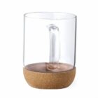 Clear glass mug with a cork base, shown on a white background.