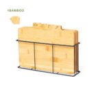 Set of bamboo cutting boards with labeled tabs in a black metal holder, white background.