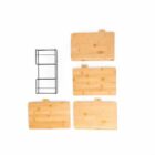Four wooden cutting boards and a black metal rack arranged on a white background.
