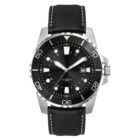 A black and silver wristwatch with a leather strap. The watch face has large, luminous hour markers and a date window at the 3 oclock position. The bezel features minute markers with numbers at 10, 20, 30, 40, 50, and 60.