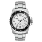 A silver stainless steel wristwatch featuring a white face with black and silver hour markers. The bezel is black with white numerals, and the date is displayed at 3 oclock. The band is metallic with a clasp.