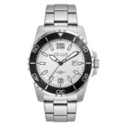 A silver wristwatch with a stainless steel band, featuring a white face and black bezel. It has a date display and luminous markers at the 12, 6, and 9 oclock positions, with a prominent watch brand logo below the 12 oclock marker.