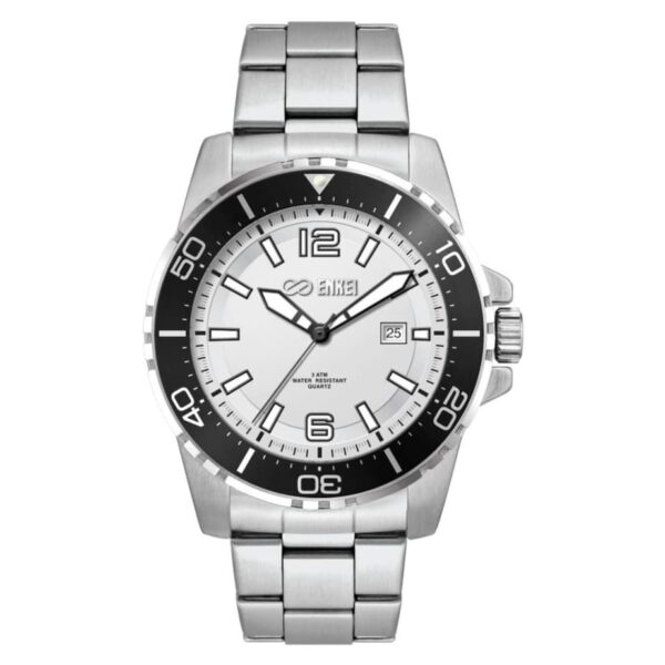 A silver stainless steel analog wristwatch with a black and white face, featuring large numbers at 12, 6, and 9 oclock, a date display at 3 oclock, and a unidirectional bezel. The watch hands are luminescent.