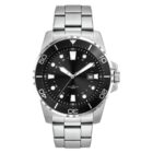 A stainless steel wristwatch with a black face featuring luminous hour markers and hands. It includes a date window at the 3 oclock position and a unidirectional bezel with minute markers. The watch has a metal link bracelet.