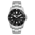 A silver wristwatch with a stainless steel band and a black dial. It features silver hour markers, a date window, and luminous hands. The bezel has minute markers with numbers every ten minutes.