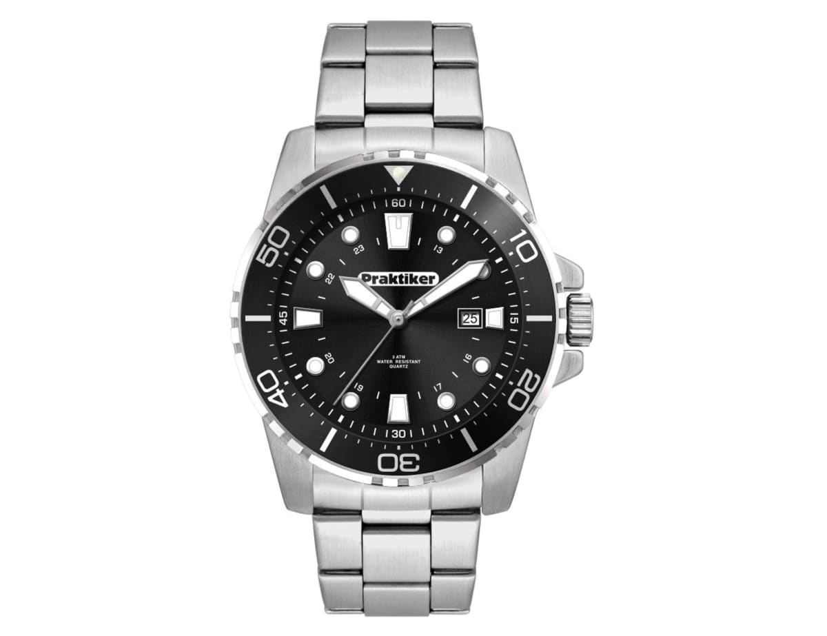 A silver wristwatch with a stainless steel band and a black dial. It features silver hour markers, a date window, and luminous hands. The bezel has minute markers with numbers every ten minutes.
