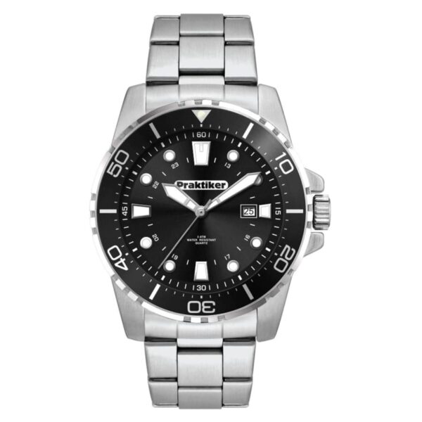 A close-up of a stainless steel wristwatch with a black dial. It features silver hour markers, a date display at 3 oclock, and a unidirectional bezel with minute markings. The brand name Praktiker is displayed on the dial.
